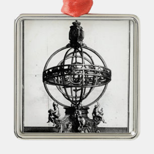Ornement Carré Argenté Une sphère armillaire du système Copernican