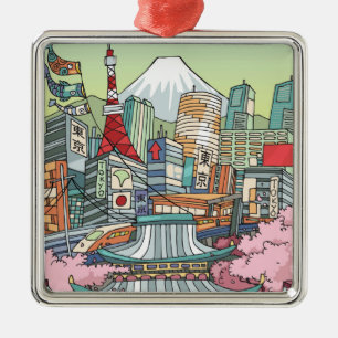 Ornement Carré Argenté Une vue de Tokyo