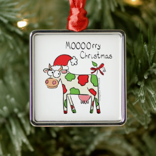 Ornement Carré Argenté Vache de Noël Drôle caricature pour enfants