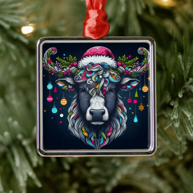Ornement Carré Argenté Vache festive (Arbre)