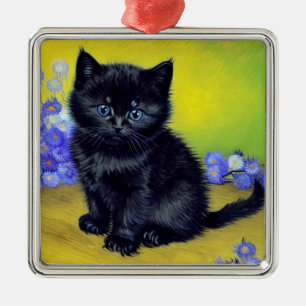 Ornement Carré Argenté Van Gogh Chat noir Fleurs violettes