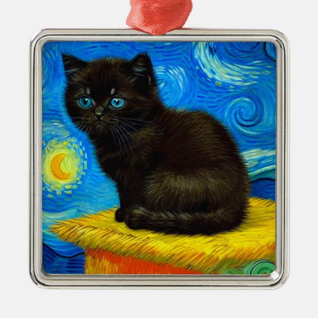 Ornement Carré Argenté Van Gogh Style Starry Night Cat (Devant)