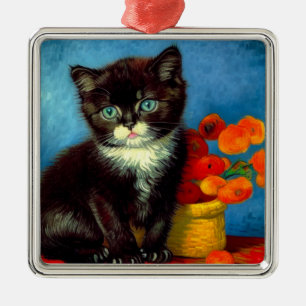 Ornement Carré Argenté Van Gogh Tuxedo Cat