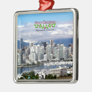 Ornement Carré Argenté Vancouver Canada Skyline, Joyeux Noël,