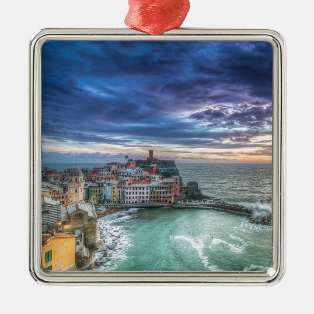 Ornement Carré Argenté Vernazza au coucher du soleil, Italie (Devant)