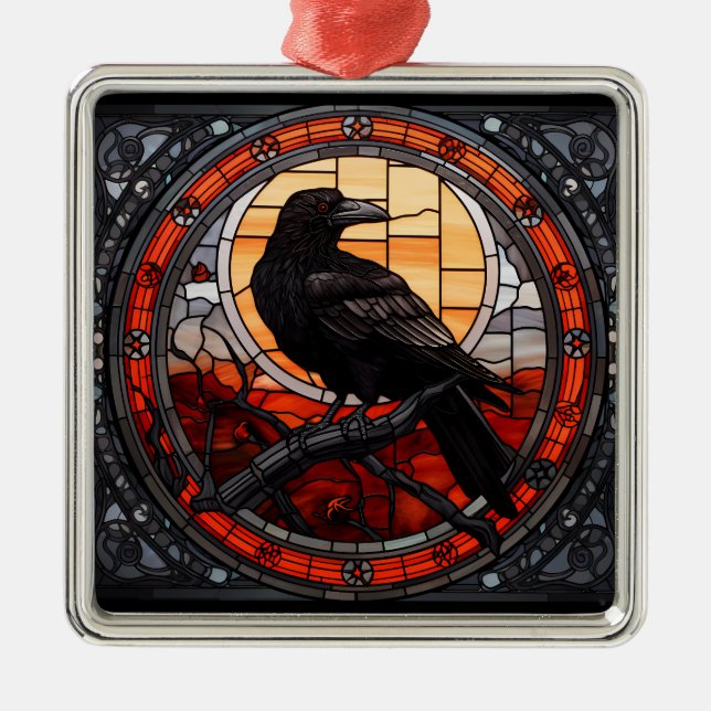Ornement Carré Argenté Verre Éffrayant Raven (Devant)