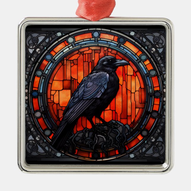 Ornement Carré Argenté Verre Éffrayant Raven (Devant)