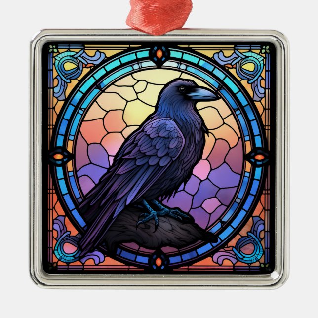Ornement Carré Argenté Verre Éffrayant Raven (Devant)
