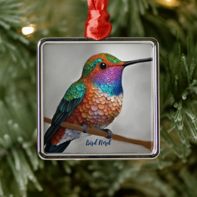 Ornement Carré Argenté Vibrant Allen’s Hummingbird Painting (Arbre)
