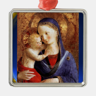 Ornement Carré Argenté VIERGE AVEC ENFANT, Sapphire Bleu