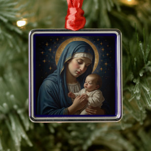 Ornement Carré Argenté Vierge Marie et Jésus Noël