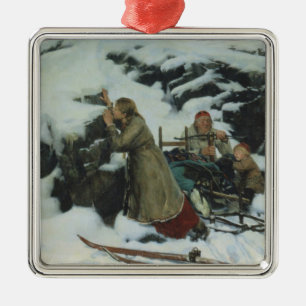 Ornement Carré Argenté Village brûlé en hiver (par Albert Edelfeue)