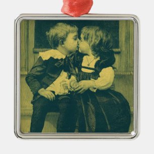 Ornement Carré Argenté Vintage Amour et Romance Photo, Enfants Baiser