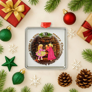 Ornement Carré Argenté Vintage cheminée Filles rose scène de Noël