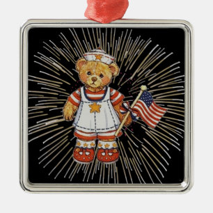 Ornement Carré Argenté Vintage Nurse Bear with Modern White Fireworks