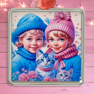 Ornement Carré Argenté Vintage Petit Enfants Noël Personnalisé