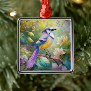 Ornement Carré Argenté Violet Tufted Jay Imaginaire Bird