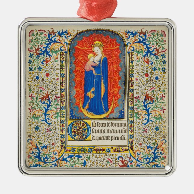Ornement Carré Argenté VIRGIN AVEC ENFANT ET ANGELS Antique Fleurs (Devant)