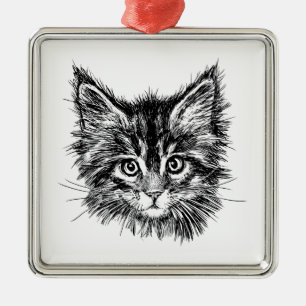 Ornement Carré Argenté Visage de Kitten noir et blanc