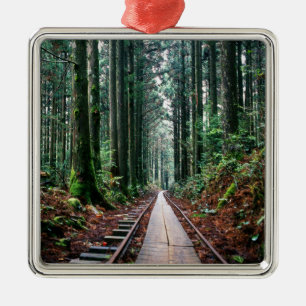 Ornement Carré Argenté Voies de train dans la forêt