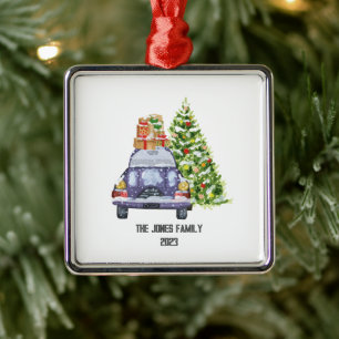 Ornement Carré Argenté Voiture bleue avec cadeaux de Noël dessus et arbre