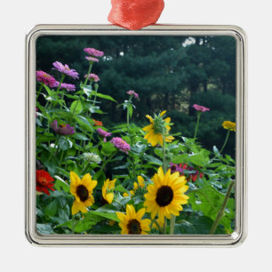 Ornement Carré Argenté Vue jardin- tournesol, marguerites, cosmos