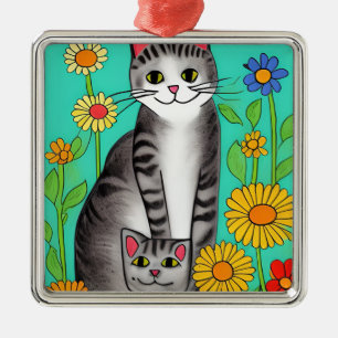 Ornement Carré Argenté Whimsical Folk Art Grey Chat et Kitten