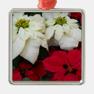 Ornement Carré Argenté White and Red Poinsettias