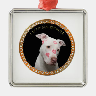 Ornement Carré Argenté White pitbull with red kisses all over his face.