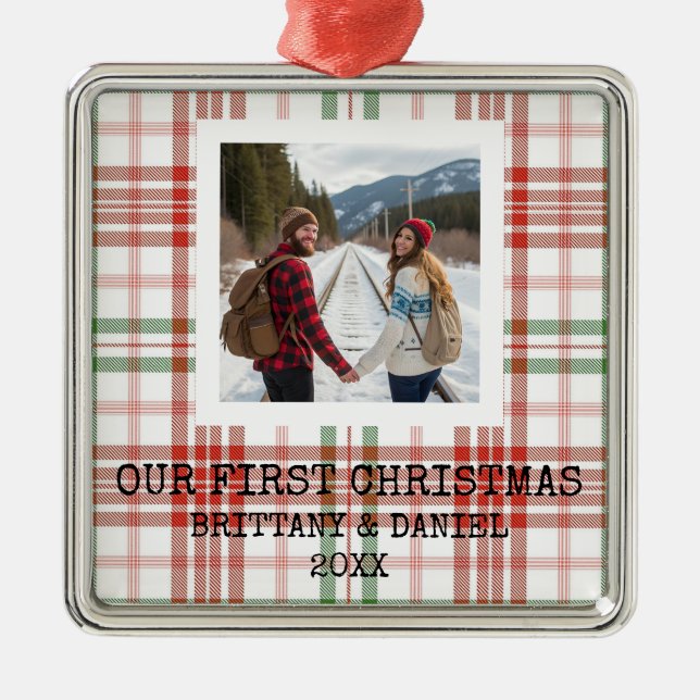Ornement Carré Argenté White Plaid Our First Christmas (Devant)