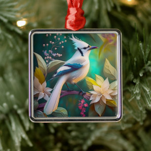Ornement Carré Argenté White Tufé Turquoise Wing Jay Imaginaire Bird