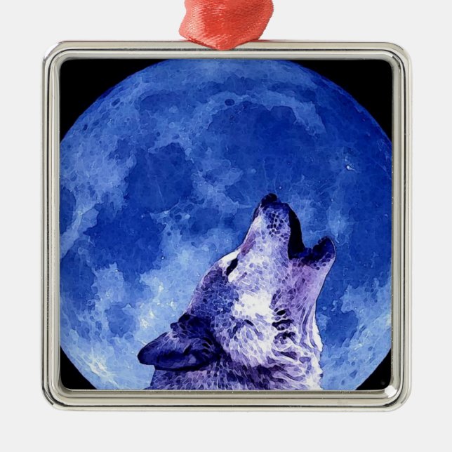 Ornement Carré Argenté Wolf Howling à Moon (Devant)