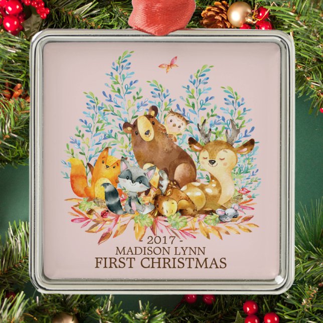 Ornement Carré Argenté Woodland Girls Baby's 1st Christmas Ornament (Créateur téléchargé)