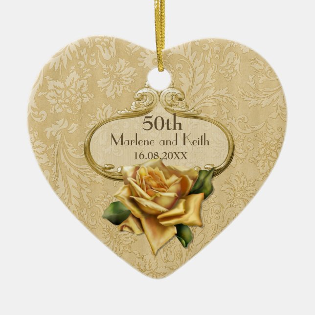 Ornement Cœur En Céramique 50e anniversaire du Mariage Rose d'or (Devant)