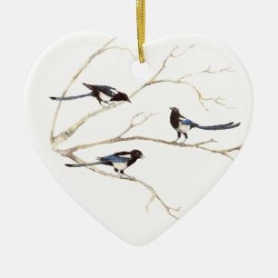 Ornement Cœur En Céramique Aquarelle originale, Famille Magpie, Oiseaux