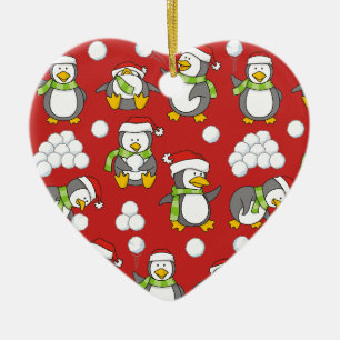 Ornement Cœur En Céramique Arrière - plan de pingouins de Noël