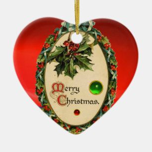 ORNEMENT CŒUR EN CÉRAMIQUE BANJO DE NOËL AVEC DES MISTLETOS ET DES BERRIES S