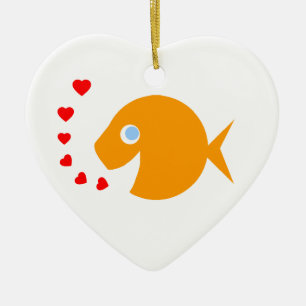 Ornement Cœur En Céramique Beau poisson rouge caricaturé aux yeux bleus en fo