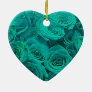 Ornement Cœur En Céramique Beaux roses verts sarcelle fleurs sarcelle