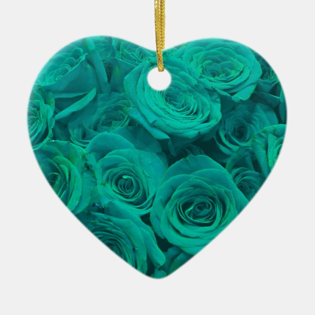 Ornement Cœur En Céramique Belles fleurs turquoises roses turquoises (Devant)