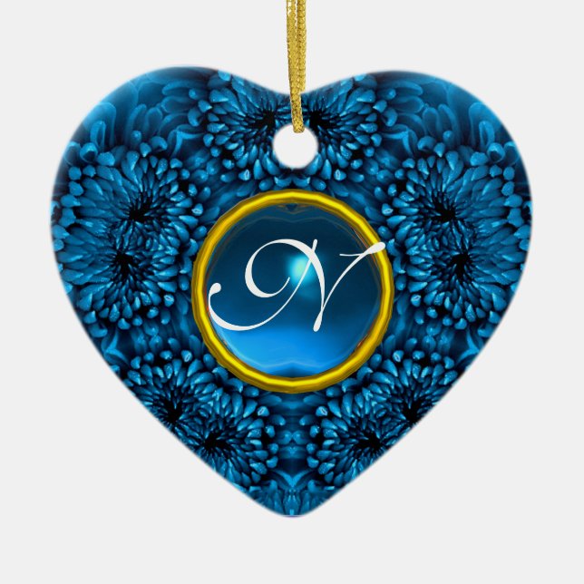 ORNEMENT CŒUR EN CÉRAMIQUE BLUE DAHLIA SAPPHIRE COEUR MONOGRAMME (Devant)
