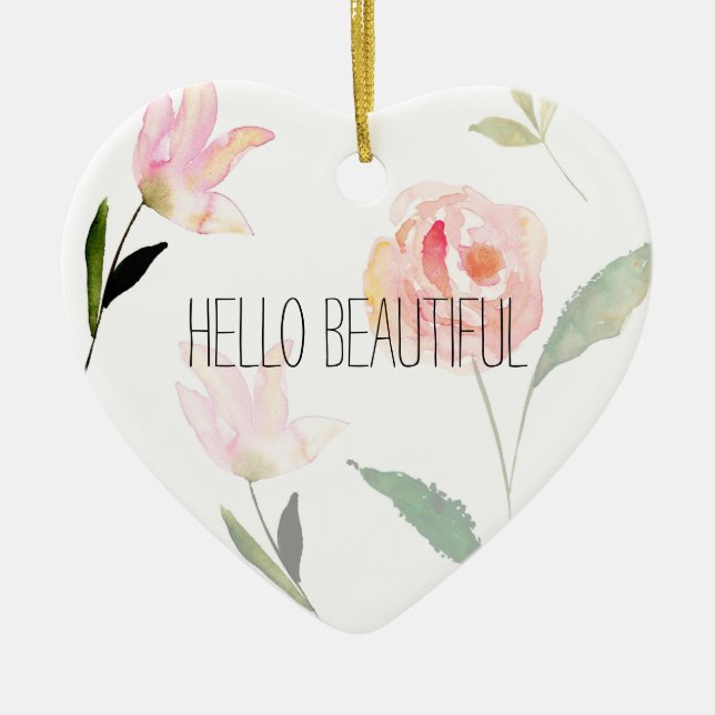 Ornement Cœur En Céramique Bonjour belle aquarelle florale (Devant)
