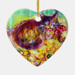 ORNEMENT CŒUR EN CÉRAMIQUE CHAT AVEC RUBAN ROUGE ET TOURNESOLS