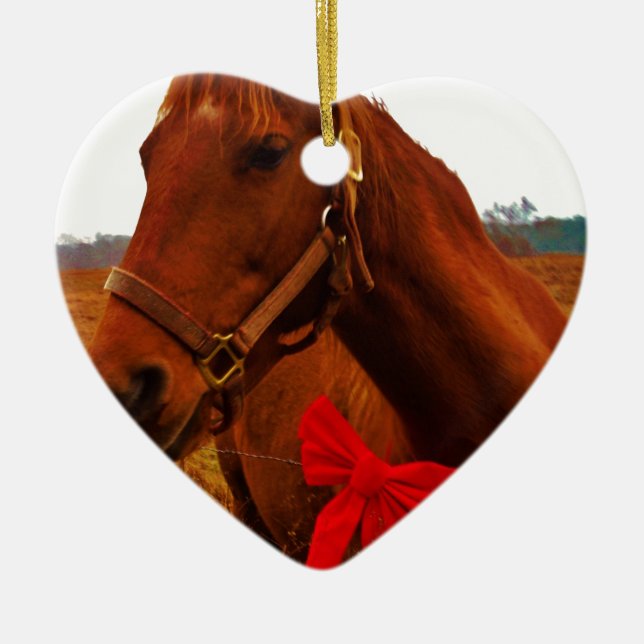 Ornement Cœur En Céramique Cheval avec Bow rouge (Devant)