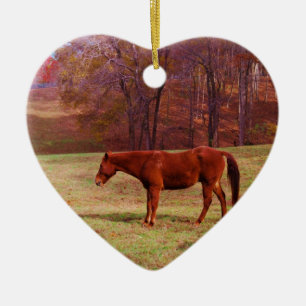 Ornement Cœur En Céramique Cheval Brown dans un champ d'herbe