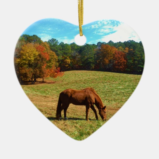 Ornement Cœur En Céramique Cheval Brown rouge, ciel bleu Turquoise (Devant)