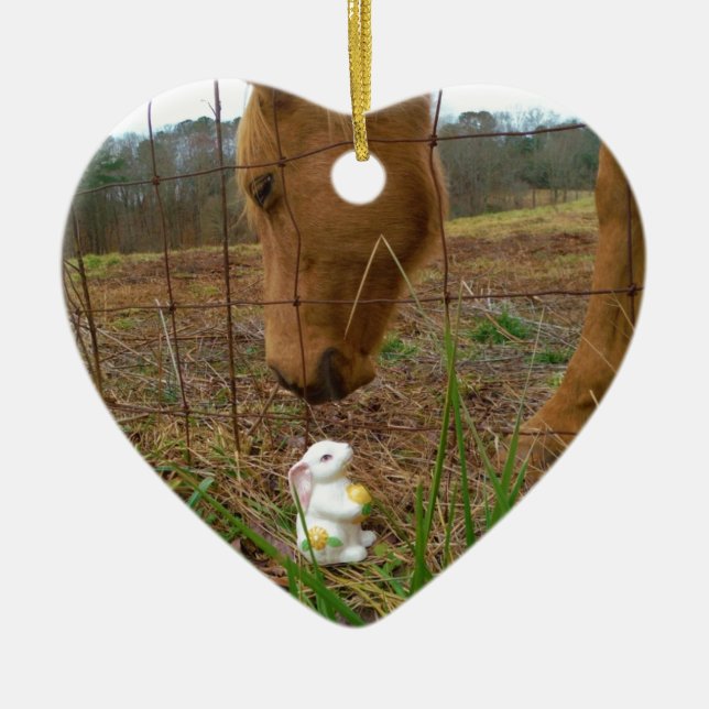 Ornement Cœur En Céramique cheval et fleur de printemps Bunny (Devant)
