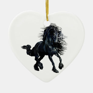Ornement Cœur En Céramique Cheval friésien, beauté de l'étalon noir