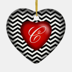 Ornement Cœur En Céramique Chevron Coeur Monogram   noir blanc