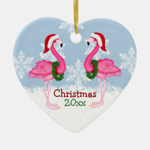 Ornement Cœur En Céramique Christmas Pink Flamingo Wearing Santa Hats